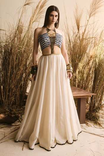 Shop_ASHNA VASWANI_Blue Chanderi, Satin, Denim Sequins, Beads, Tassels Halter Striped And Gown _Online_at_Aza_Fashions