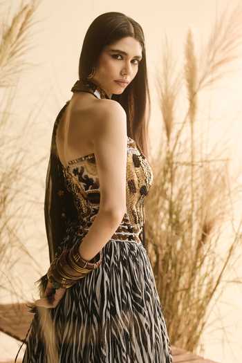 Buy ASHNA VASWANI Gold Silk, Georgette, Organza, Satin Sequins Zebra Print Corset And Lehenga Set Online at Aza Fashions Buy_ASHNA VASWANI_Gold Silk, Georgette, Organza, Satin Sequins Zebra Print Corset And Lehenga Set _Online_at_Aza_Fashions