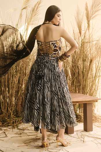 ASHNA VASWANI Sequin Zebra Print Silk Corset & Lehenga Set 