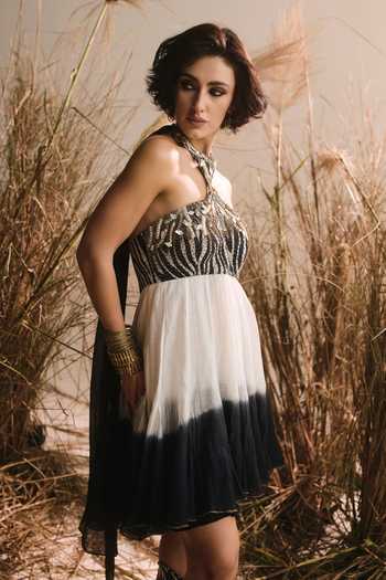 Shop ASHNA VASWANI Black Chanderi Silk, Handloom Cotton, Shantoon Embroidered Zebra Print Dress Online at Aza Fashions Shop_ASHNA VASWANI_Black Chanderi Silk, Handloom Cotton, Shantoon Embroidered Zebra Print Dress _Online_at_Aza_Fashions