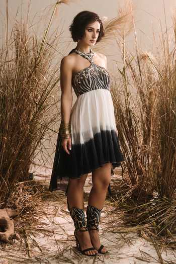 ASHNA VASWANI Black Chanderi Silk, Handloom Cotton, Shantoon Embroidered Zebra Print Dress at Aza Fashions ASHNA VASWANI_Black Chanderi Silk, Handloom Cotton, Shantoon Embroidered Zebra Print Dress _at_Aza_Fashions