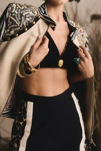 Buy_ASHNA VASWANI_Black Handloom Cotton, Velvet Mandarin Collar, Embellished Zebra Jacket Set _Online_at_Aza_Fashions