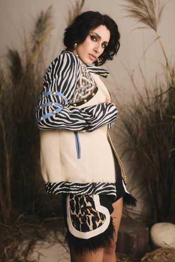 Shop_ASHNA VASWANI_Black Handloom Cotton, Velvet Mandarin Collar, Embellished Zebra Jacket Set _Online_at_Aza_Fashions