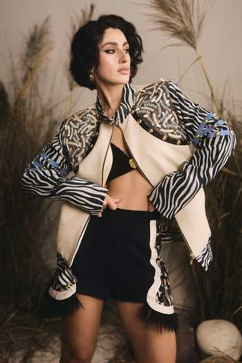 ASHNA VASWANI_Black Handloom Cotton, Velvet Mandarin Collar, Embellished Zebra Jacket Set _at_Aza_Fashions