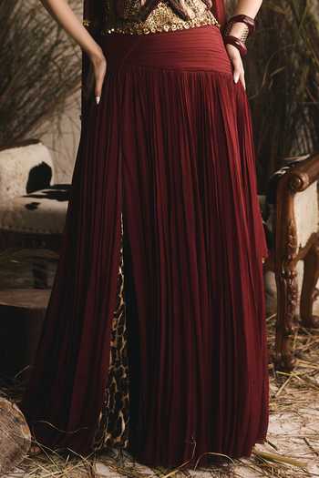 ASHNA VASWANI_Maroon Silk, Chinon Sequins, Pearls 3d Embellished Corset Lehenga Set _Online_at_Aza_Fashions