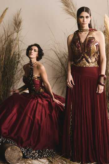 Buy_ASHNA VASWANI_Maroon Silk, Chinon Sequins, Pearls 3d Embellished Corset Lehenga Set _Online_at_Aza_Fashions