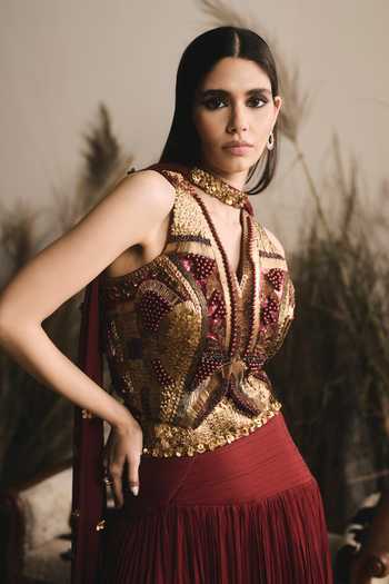 Shop_ASHNA VASWANI_Maroon Silk, Chinon Sequins, Pearls 3d Embellished Corset Lehenga Set _Online_at_Aza_Fashions