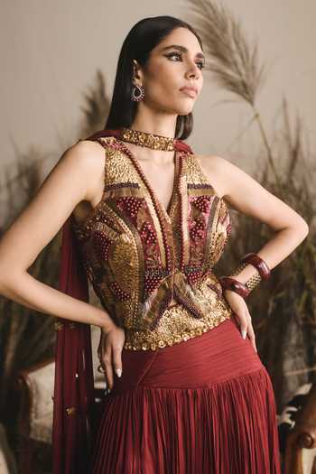 ASHNA VASWANI_Maroon Silk, Chinon Sequins, Pearls 3d Embellished Corset Lehenga Set _at_Aza_Fashions