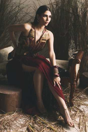 Buy_ASHNA VASWANI_Maroon Silk, Chinon Sequins, Pearls 3d Embellished Corset Lehenga Set 