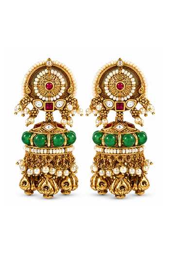 Shop Prestones Green Bead Embellished Jhumka Earrings at Aza Fashions Shop_Prestones_Green Bead Embellished Jhumka Earrings _at_Aza_Fashions