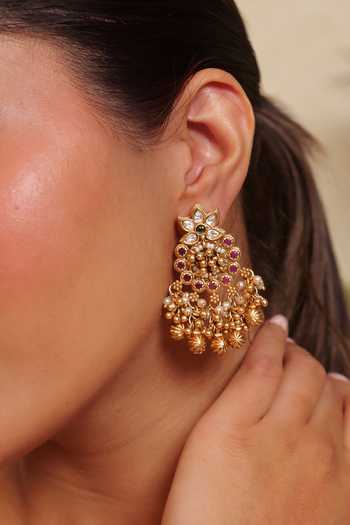 Prestones Gold Plated Kundan Floral Embellished Earrings Online at Aza Fashions Prestones_Gold Plated Kundan Floral Embellished Earrings _Online_at_Aza_Fashions