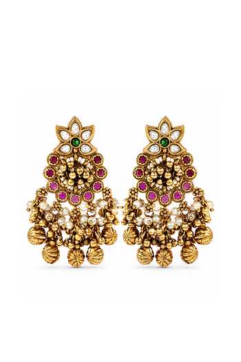 Shop Prestones Gold Plated Kundan Floral Embellished Earrings at Aza Fashions Shop_Prestones_Gold Plated Kundan Floral Embellished Earrings _at_Aza_Fashions