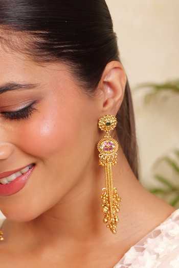 Prestones_Gold Plated Kundan Embellished Tassel Earrings _Online_at_Aza_Fashions