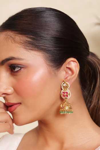 Prestones_Green Bead Embellished Jhumka Earrings _Online_at_Aza_Fashions