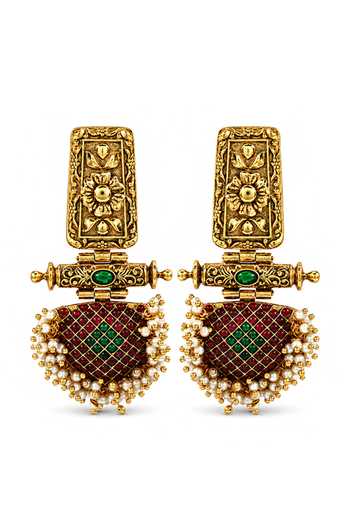 Shop Prestones Green Meenakari Temple Work Earrings at Aza Fashions Shop_Prestones_Green Meenakari Temple Work Earrings _at_Aza_Fashions