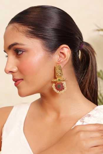 Prestones Green Meenakari Temple Work Earrings Online at Aza Fashions Prestones_Green Meenakari Temple Work Earrings _Online_at_Aza_Fashions