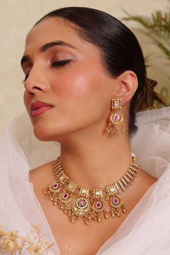 Prestones_Pink Stone Embellished Necklace Set _Online_at_Aza_Fashions