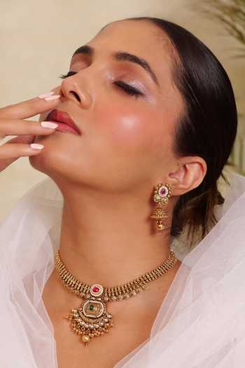 Prestones Multi Color Jadau Stone Embellished Pendant Necklace Set Online at Aza Fashions Prestones_Multi Color Jadau Stone Embellished Pendant Necklace Set _Online_at_Aza_Fashions
