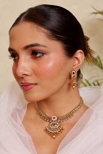 Prestones Jadau Stone Embellished Pendant Necklace Set 