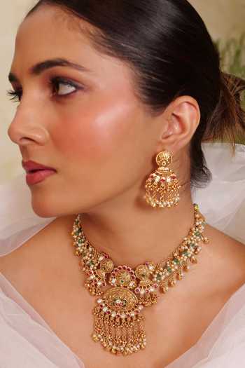 Prestones Gold Plated Kundan Embellished Pendant Necklace Set Online at Aza Fashions Prestones_Gold Plated Kundan Embellished Pendant Necklace Set _Online_at_Aza_Fashions