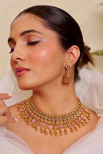 Prestones_Gold Plated Geometric Textured Pattern Necklace Set _Online_at_Aza_Fashions