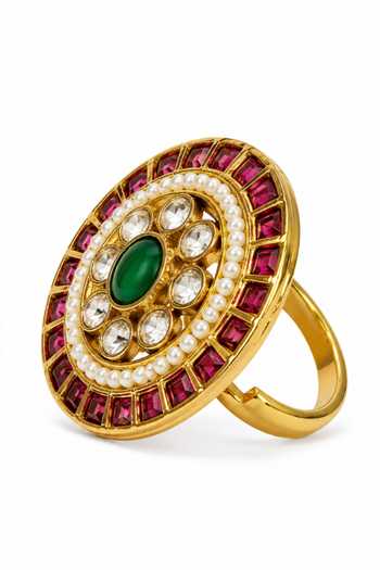 Prestones_Red Polki Embellished Ring _Online_at_Aza_Fashions