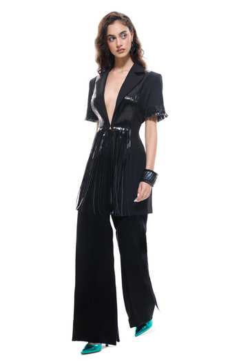 Sameer Madan_Black Crepe, Faux Leather Plunge Neck Beachlight Fringe Jacket _Online_at_Aza_Fashions