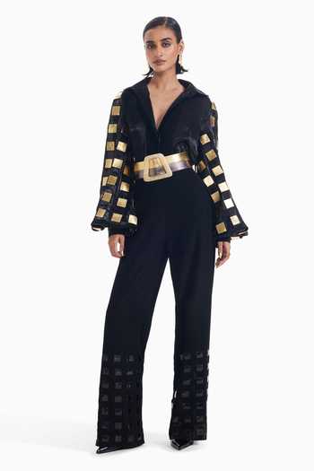 Shop Sameer Madan Black Organza V-neck Hot Mess Leather Applique Work Blouse Online at Aza Fashions Shop_Sameer Madan_Black Organza V-neck Hot Mess Leather Applique Work Blouse _Online_at_Aza_Fashions