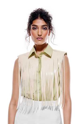 Sameer Madan Lima Fringe Faux Leather Bodysuit 