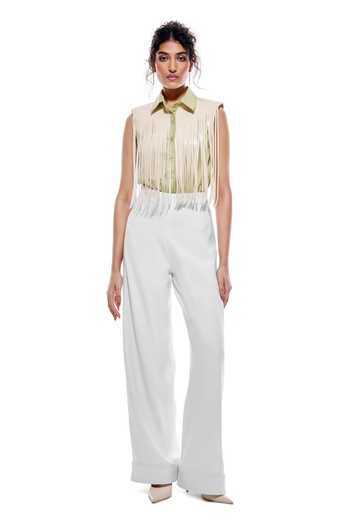 Shop_Sameer Madan_Green Cotton, Jersey, Faux Leather Fringe Collared Neck Lima Bodysuit _Online_at_Aza_Fashions