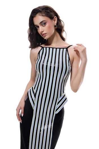 Buy Sameer Madan Black Jersey, Faux Leather, Mesh Boat Afterglow Rio Bodycon Striped Midi Dress Online at Aza Fashions Buy_Sameer Madan_Black Jersey, Faux Leather, Mesh Boat Afterglow Rio Bodycon Striped Midi Dress _Online_at_Aza_Fashions