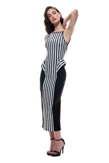 Sameer Madan Black Jersey, Faux Leather, Mesh Boat Afterglow Rio Bodycon Striped Midi Dress Online at Aza Fashions Sameer Madan_Black Jersey, Faux Leather, Mesh Boat Afterglow Rio Bodycon Striped Midi Dress _Online_at_Aza_Fashions