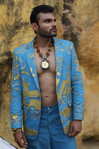 Buy ASHNA VASWANI Blue Satin, Denim Hand Paint Blazer And Pant Set Online at Aza Fashions Buy_ASHNA VASWANI_Blue Satin, Denim Hand Paint Blazer And Pant Set _Online_at_Aza_Fashions