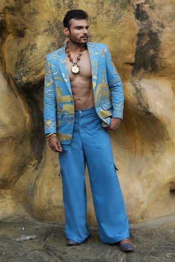 Shop ASHNA VASWANI Blue Satin, Denim Hand Paint Blazer And Pant Set Online at Aza Fashions Shop_ASHNA VASWANI_Blue Satin, Denim Hand Paint Blazer And Pant Set _Online_at_Aza_Fashions