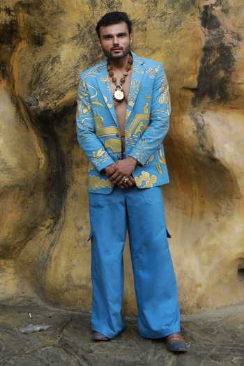 Buy ASHNA VASWANI Blue Satin, Denim Hand Paint Blazer And Pant Set Buy_ASHNA VASWANI_Blue Satin, Denim Hand Paint Blazer And Pant Set