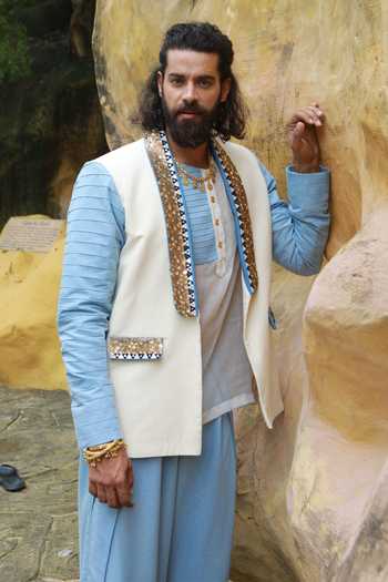Buy_ASHNA VASWANI_Ivory Satin, Handloom Cotton, Denim And Jacket Set _Online_at_Aza_Fashions