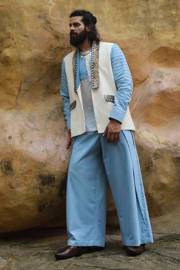 Shop_ASHNA VASWANI_Ivory Satin, Handloom Cotton, Denim And Jacket Set _Online_at_Aza_Fashions