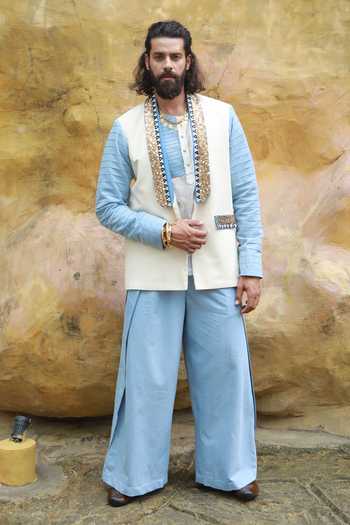 Buy_ASHNA VASWANI_Ivory Satin, Handloom Cotton, Denim And Jacket Set 