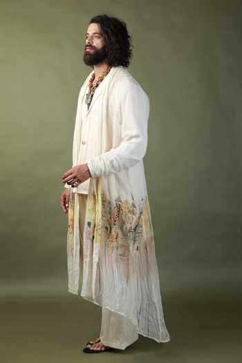 Buy_ASHNA VASWANI_Ivory Handloom Cotton, Kota Doria Hand Painted Shrug And Kurta Set _Online_at_Aza_Fashions