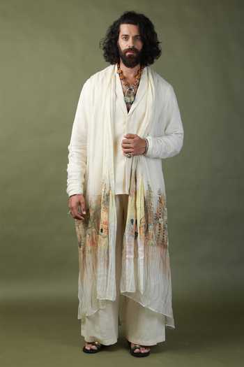 Shop_ASHNA VASWANI_Ivory Handloom Cotton, Kota Doria Hand Painted Shrug And Kurta Set _Online_at_Aza_Fashions
