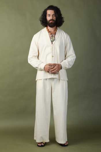 Buy_ASHNA VASWANI_Ivory Handloom Cotton, Kota Doria Hand Painted Shrug And Kurta Set 
