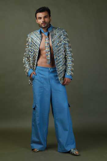 ASHNA VASWANI Coin Lace Denim Jacket & Pant Set 