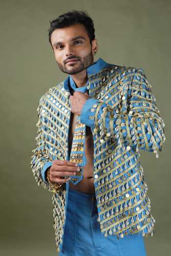 ASHNA VASWANI Coin Lace Denim Jacket & Pant Set 