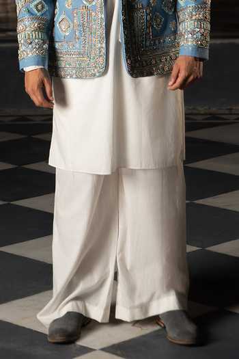 ASHNA VASWANI_Blue Cotton, Satin, Denim Embroidered Jacket And Kurta Set _Online_at_Aza_Fashions