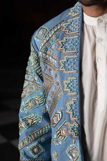 Buy_ASHNA VASWANI_Blue Cotton, Satin, Denim Embroidered Jacket And Kurta Set _Online_at_Aza_Fashions