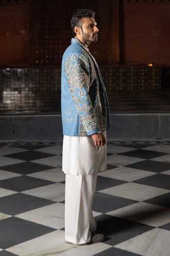 Shop_ASHNA VASWANI_Blue Cotton, Satin, Denim Embroidered Jacket And Kurta Set _Online_at_Aza_Fashions