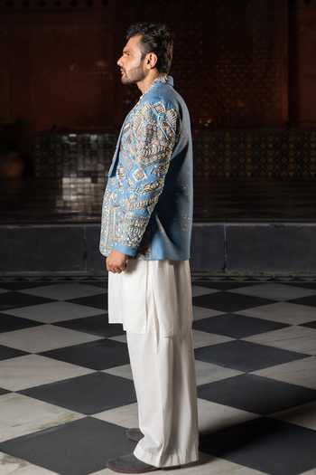 ASHNA VASWANI_Blue Cotton, Satin, Denim Embroidered Jacket And Kurta Set _at_Aza_Fashions