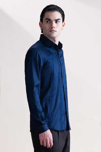 Abkasa_Navy Cotton Skyline Shirt _at_Aza_Fashions