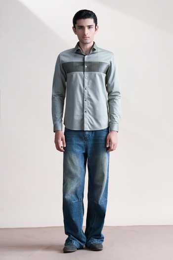 Abkasa_Olive Green Cotton Succint Geometric Panel Shirt _Online_at_Aza_Fashions