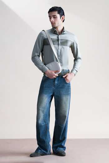 Buy_Abkasa_Olive Green Cotton Succint Geometric Panel Shirt _Online_at_Aza_Fashions